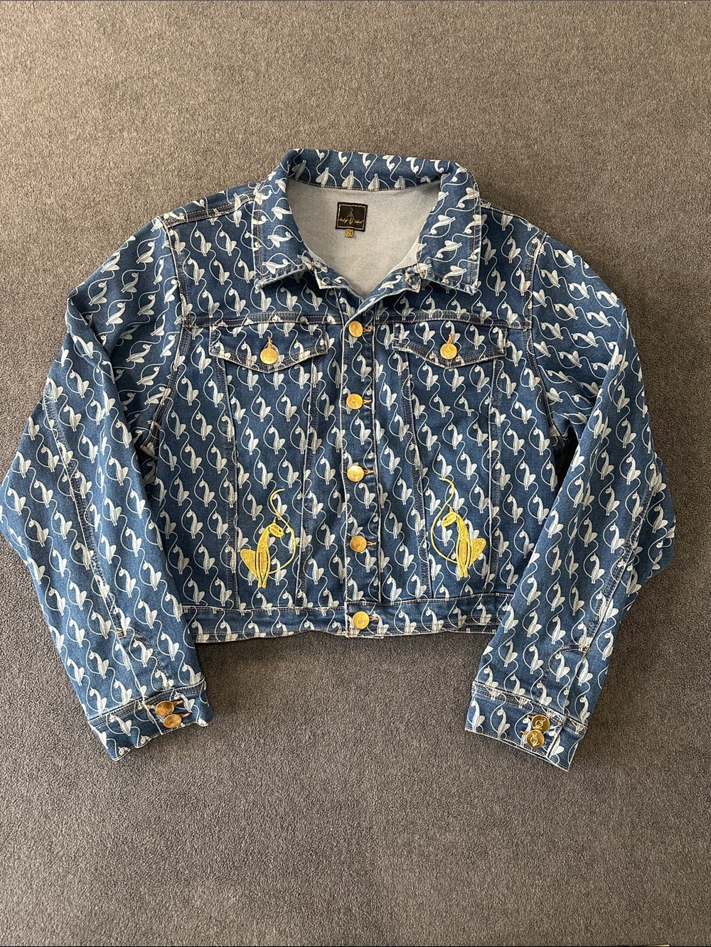 Baby Phat Blue Patterned Denim Jacket with Yellow Cat Embroidery (2X)